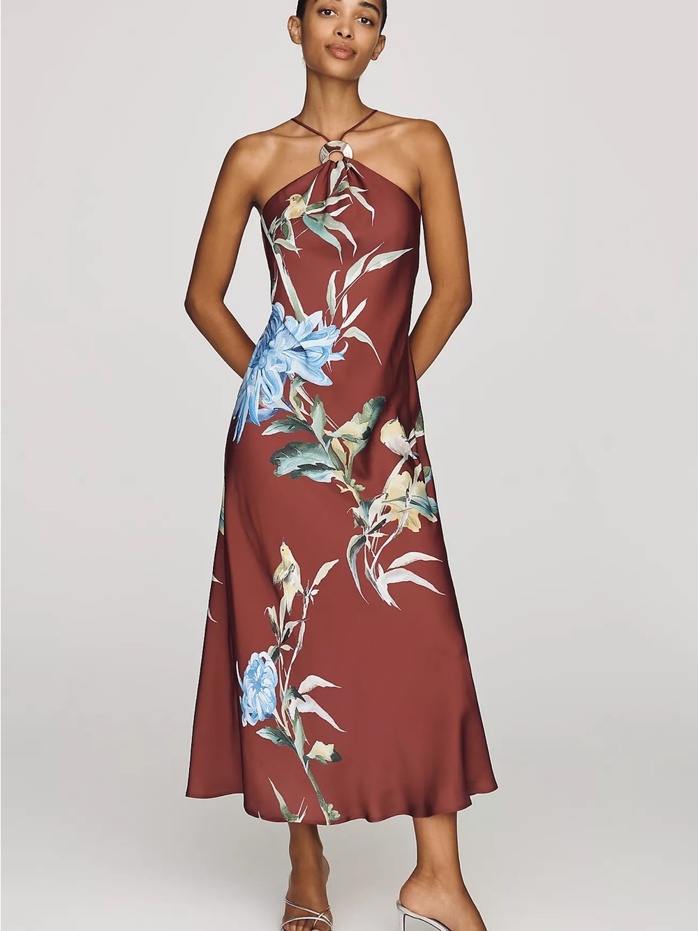 Anthropologie One-Shoulder Rust Floral Midi Dress with Blue Blooms